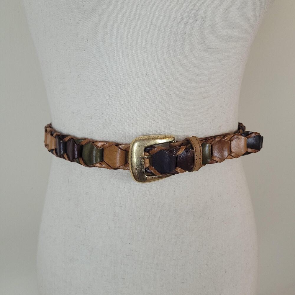 Colorful Leather‎ Belt XL Brown Blue Braided Woven Boho Vintage 80s Festival